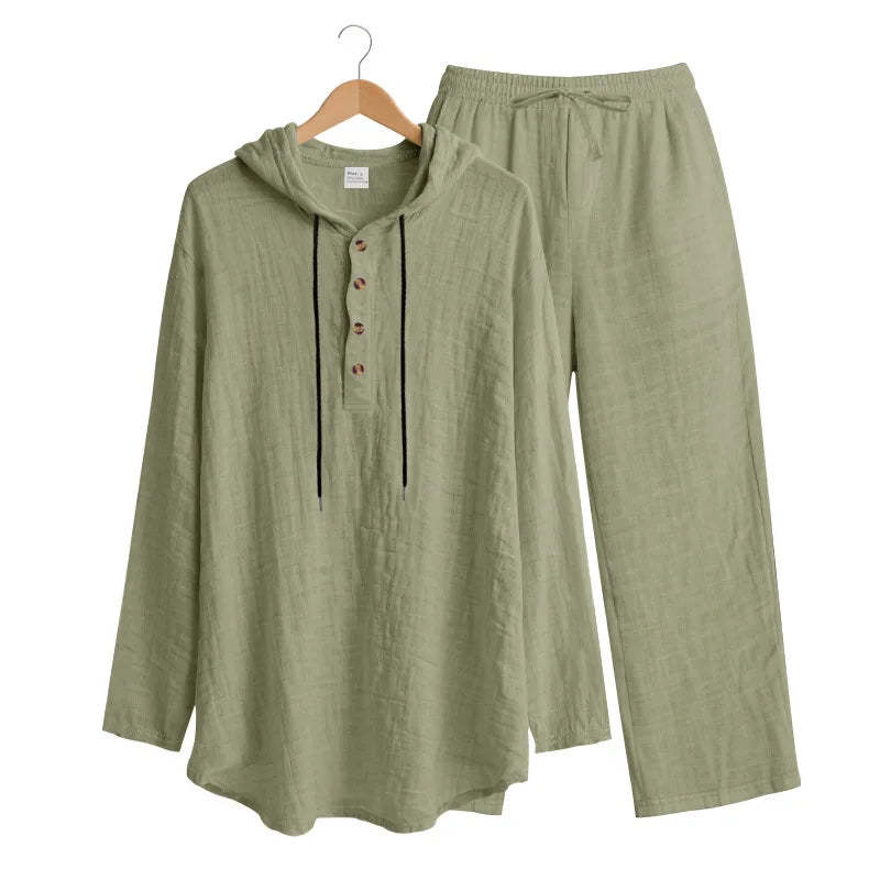 Men's Linen Hooded Sets 2 Piece Outfit Summer Casual Long Sleeve Hoodie and Wide Leg Pants Set for Men