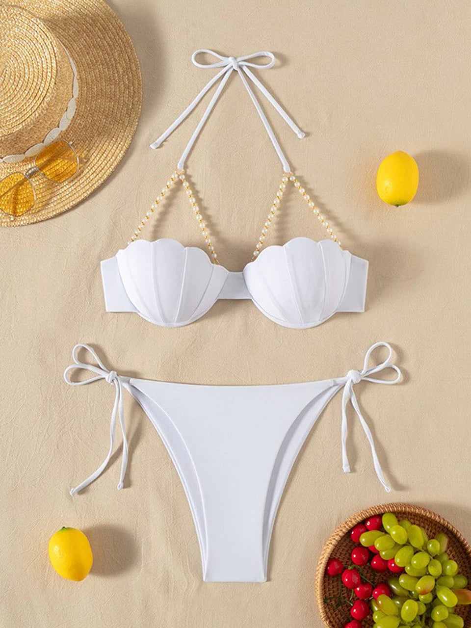Solid String Pearls Bikini Women Push Up Sea Shell Swimsuit Ruffle High Waist Swimwear Female Bathing Swim Suit Bather Beachwear