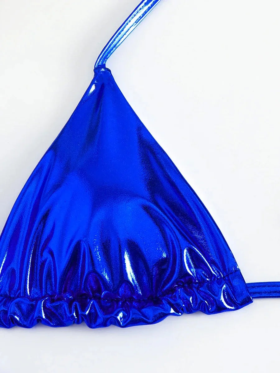 Sexy Metallic Halter Bikinis Sets Lace Up Triangle Tie Side Bikini 2024 Swimsuit Women Swimwear Brazilian Female Bathing Suits