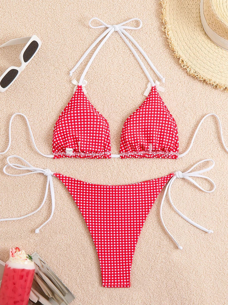Sexy Bikini Women's Swimsuit Butterfly Decor Checked Swimwear 2026 Halter Thong Bikinis Sets Swimming for Beachwear Bathing Suit