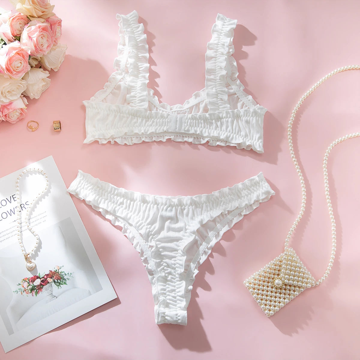 Sexy Women  Ruffle Edge Lingerie Set Breathable Hollow Eyelet Texture Bralette & High‑Cut Thong Soft Cotton Daily Intimate Wear