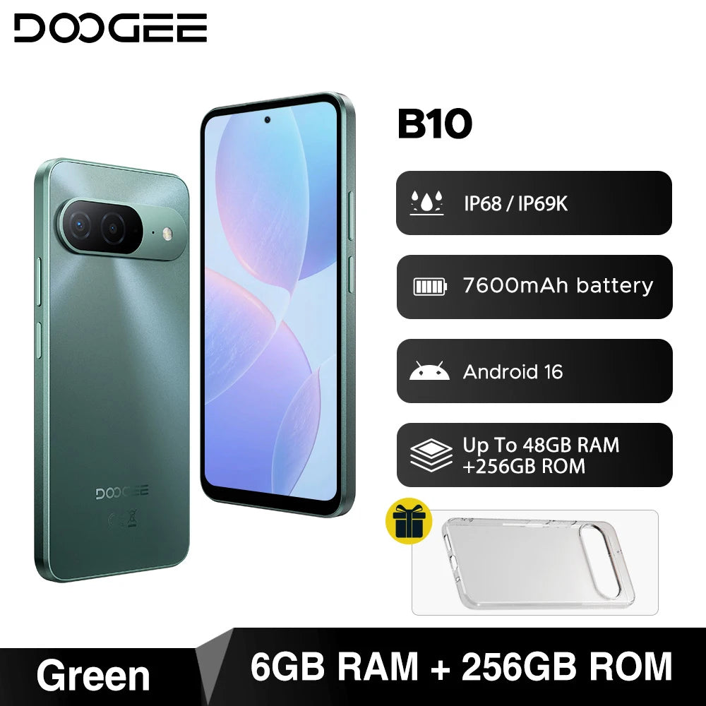 Global Version DOOGEE B10 Smartphone Android 16 7600mAh Battery 6GB 256GB 6.6'' Display 64MP AI Camera IP68 / IP69K Mobile Phone