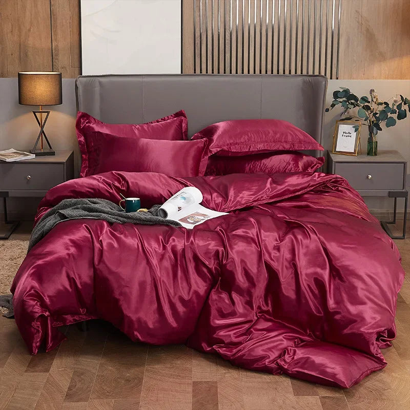 Solid Color Silk-like Bedding European and American Bed Sheet Quilt Cover Pillowcase