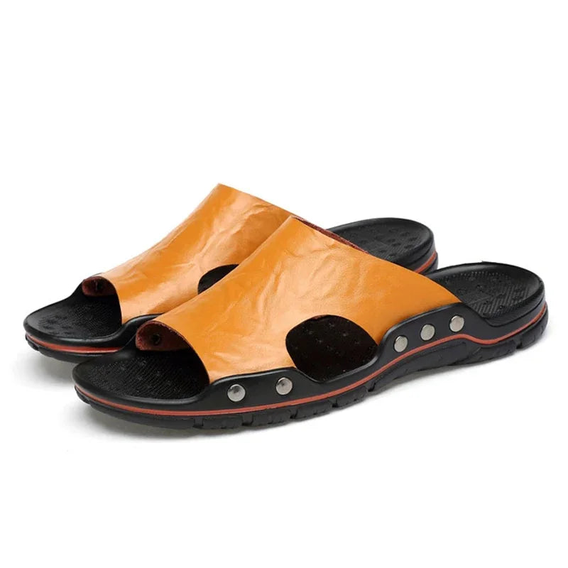 YRZL Mens Sandals PU Leather Classic Summer Men Slippers Soft Black Slippers Big Size Slippers Lightweight EVA Slides for Men