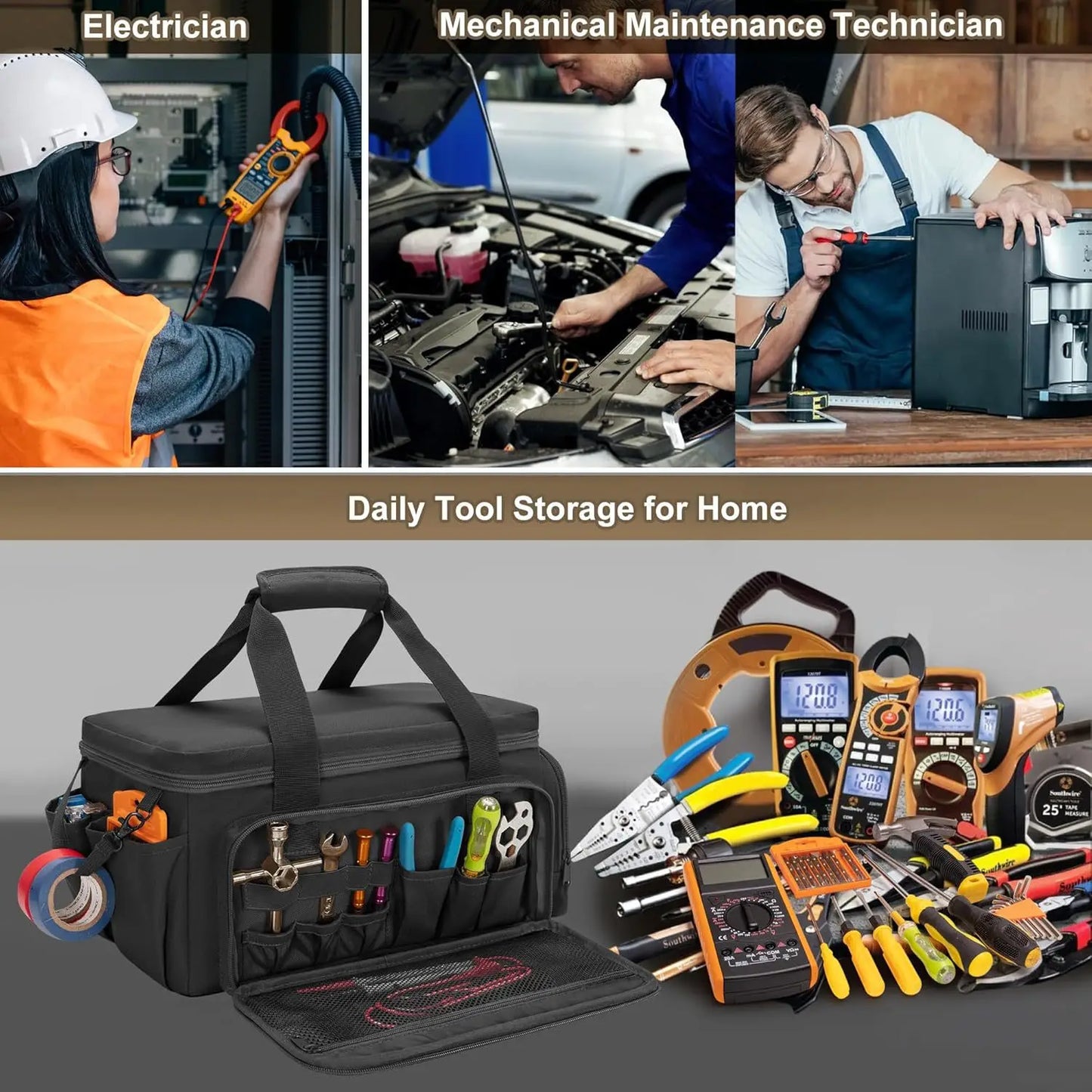 14" Heavy Duty Tool Bag Multipurpose Work Organizer for Handyman,Carpenter,Durable Portable Tool Storage
