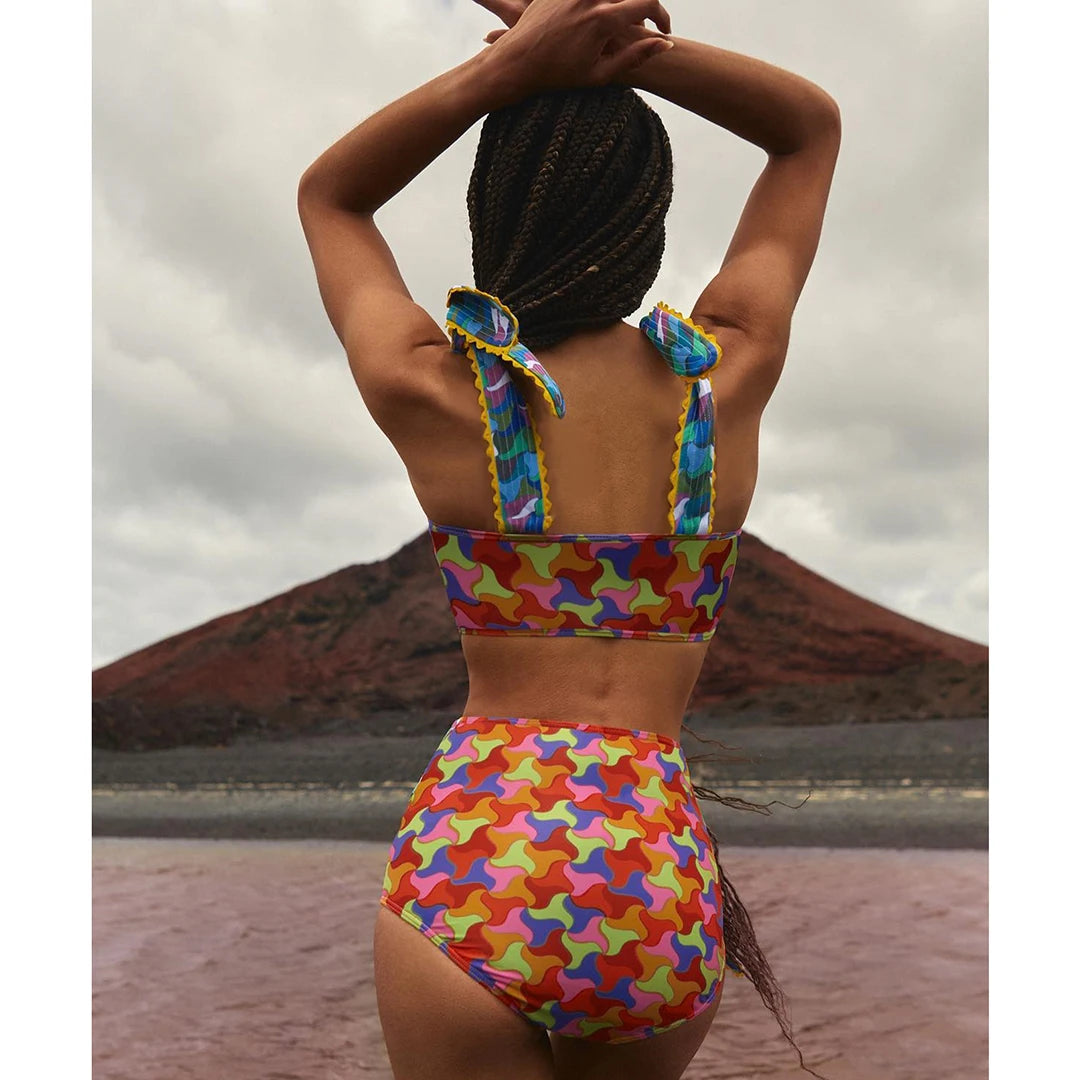 2026 Sexy Bikini Set Women High Waist Classic Off Solid Ruffle Sleeves Swimwear Red Separate Deep V Swimsuit Vintage Beach Set