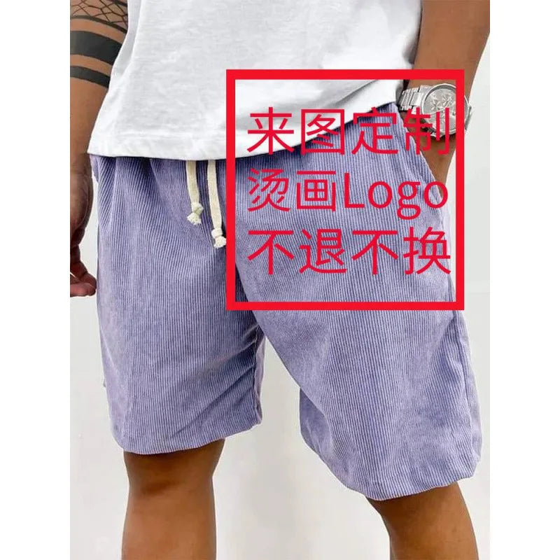 New 2025 Men's Summer Casual Drawstring Corduroy Retro Shorts Comfortable Loose Fit Plain Patterned Versatile for Daily Wear