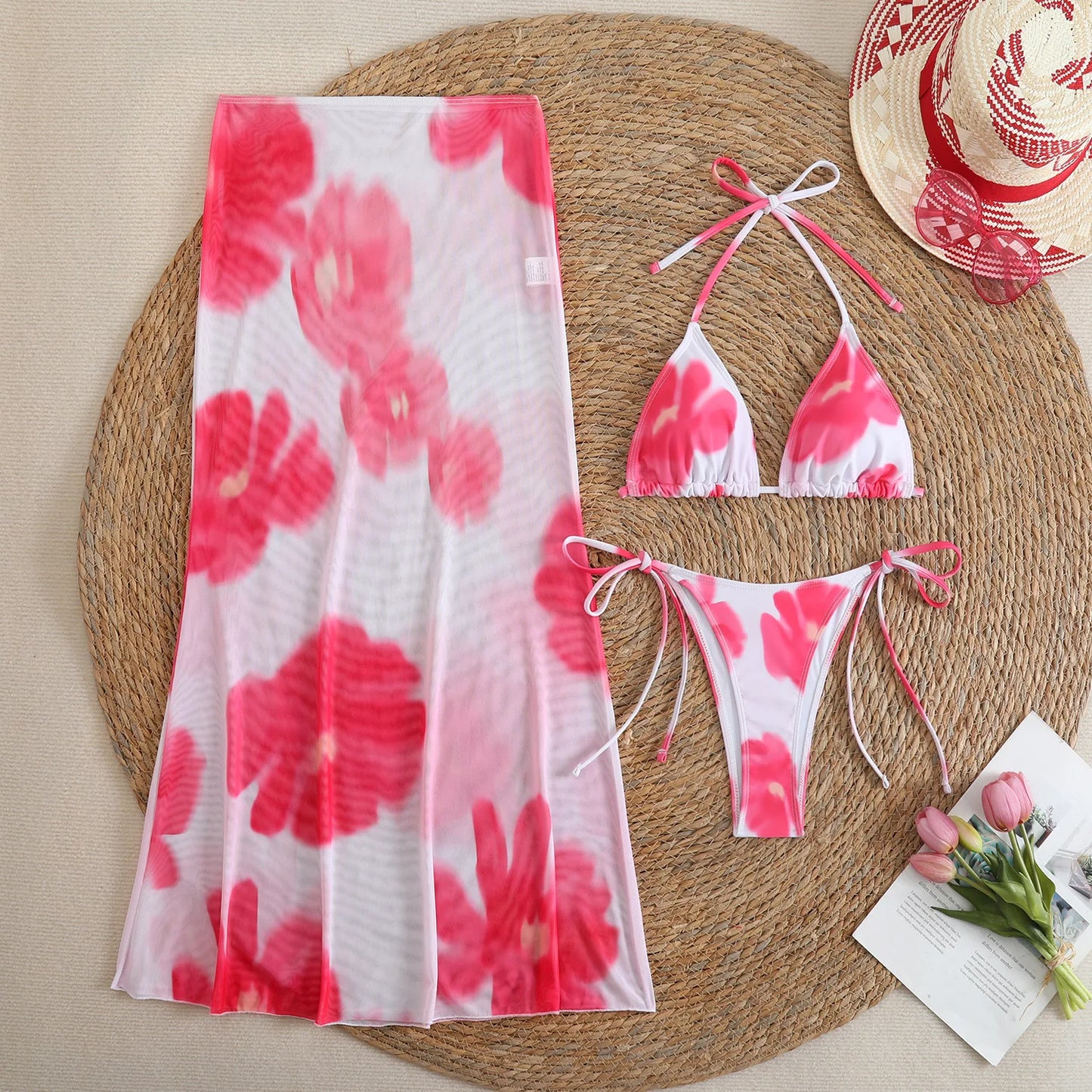 2026 New Flower Print Bikini Set Women's High Waist Long Skirt 3 Piece Swimsuit Sexy Mini Triangle Backless Thong Bathing Suit