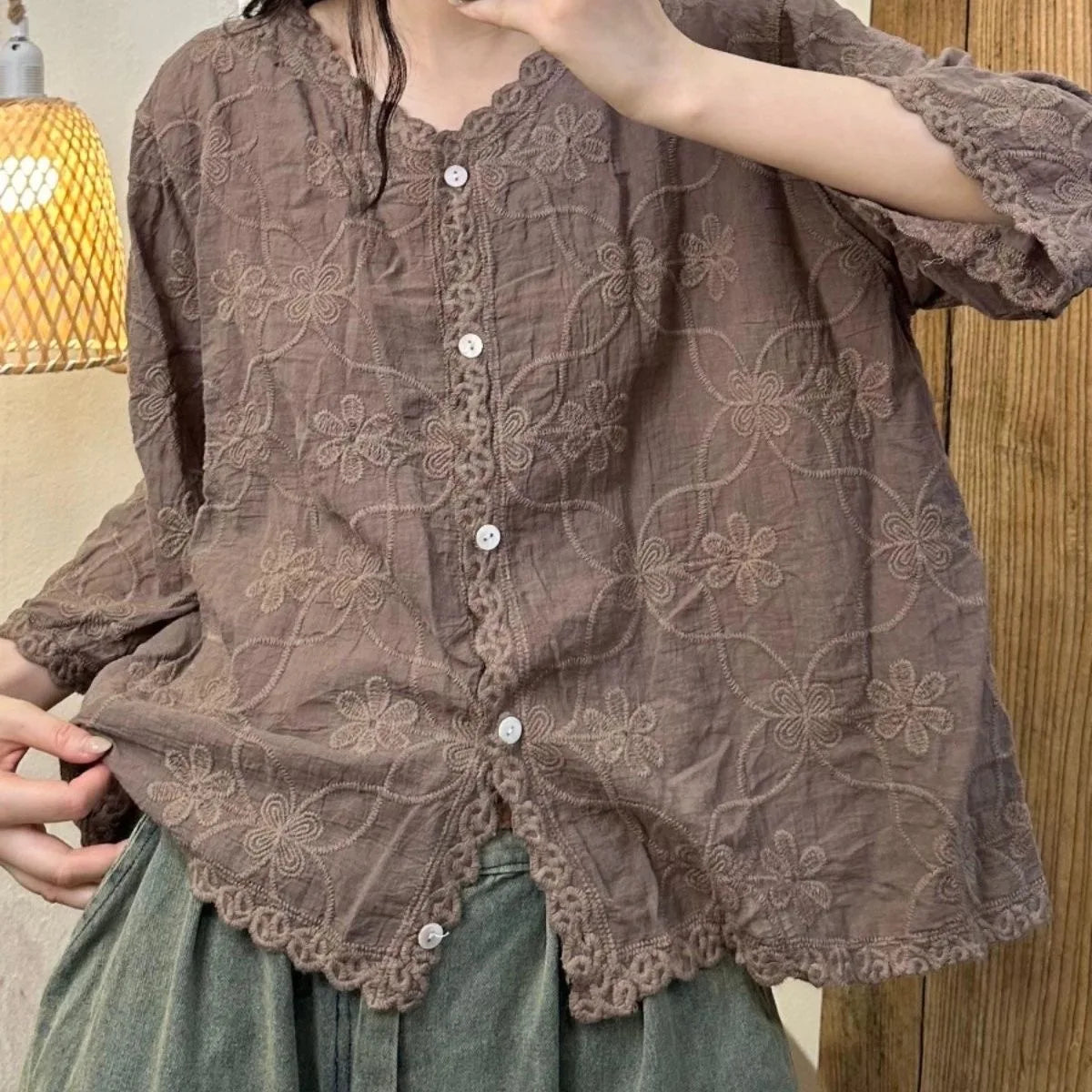 Summer Thin Casual Loose Lace Cotton Shirts Cardigan Women Long Sleeve Button Up Floral Embroidery Top Vintage Boho Style Blouse