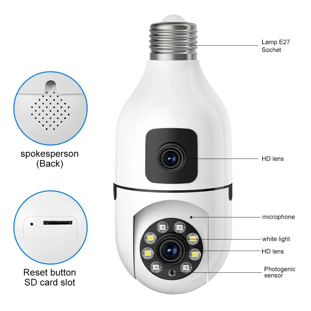 CCTV Security Camera with Dual Lens, PTZ Camera, Night Vision, Human Detection, Wi-Fi, Smart Home, 6MP Bulb, 2.4Ghz