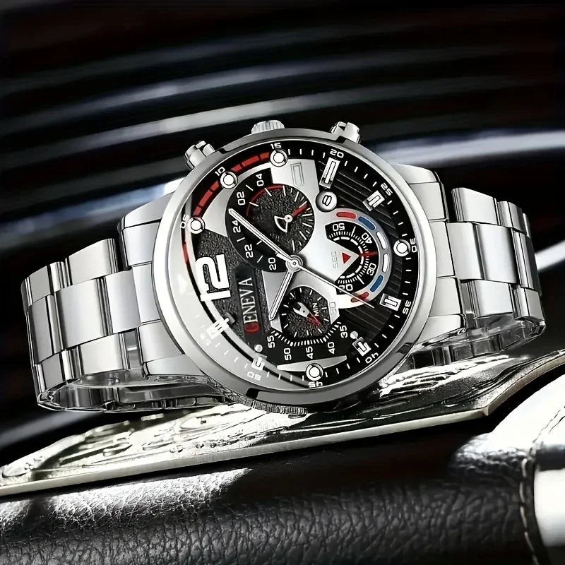 8-piece men's quartz watch set, featuring a black circular dial, bracelet, necklace, and ring