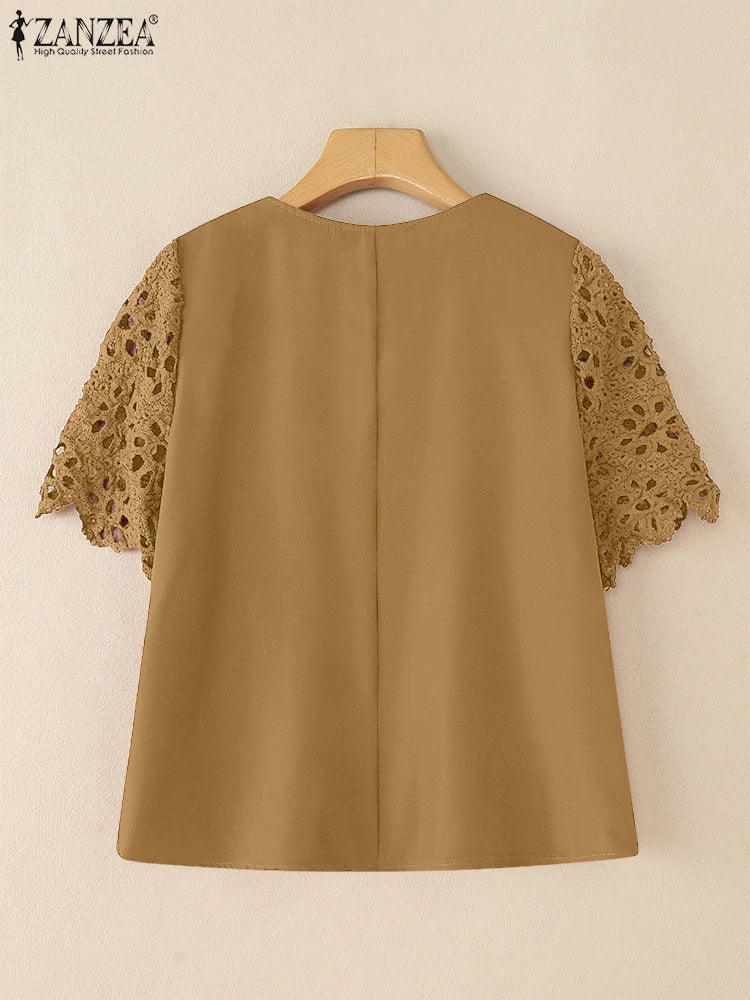 ZANZEA Summer Embroidered Openwork Blouses Women V-Neck Short Sleeve Hollow Out Lace Blusas Mujer Casual Fashion Solid Chemises