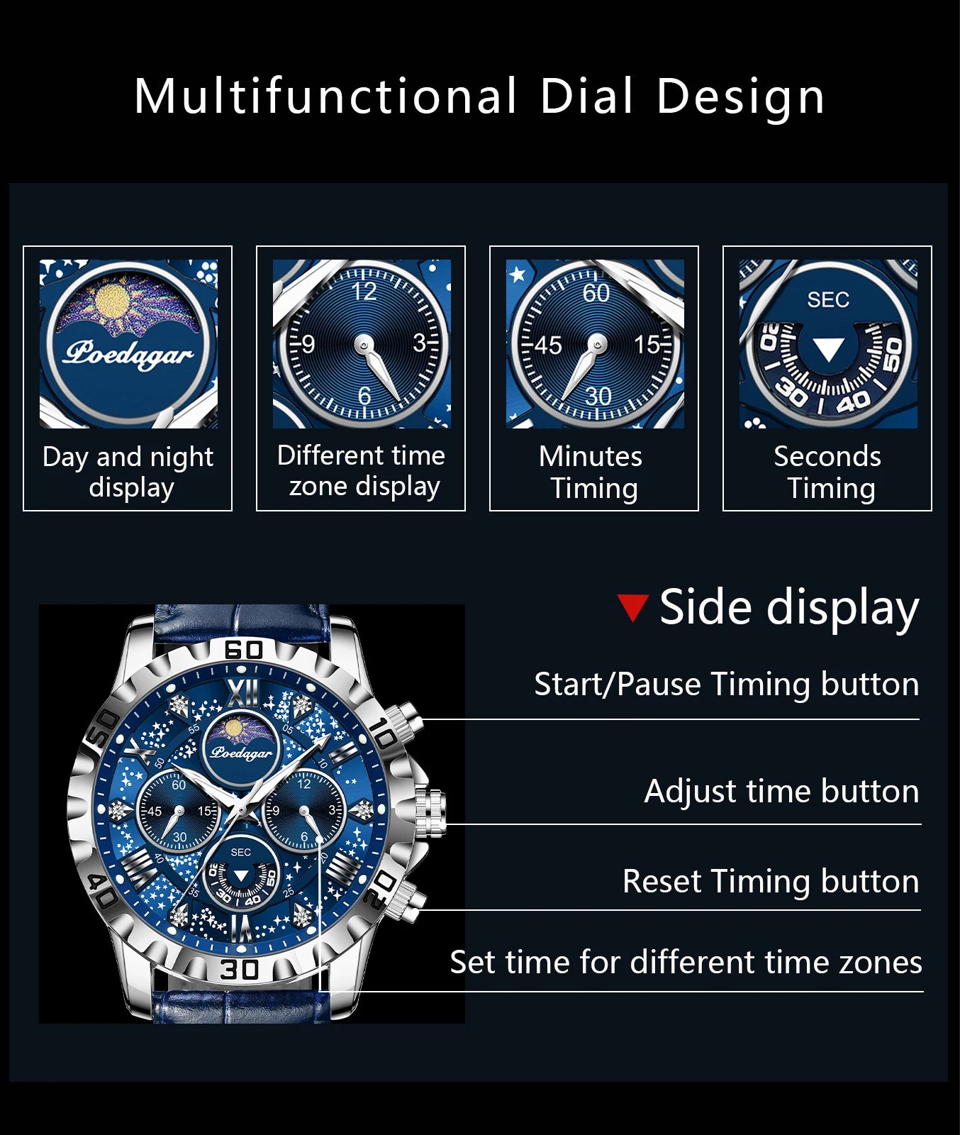 POEDAGAR Luxury Fashion Man Watch Waterproof Luminous Chronograph Leather Watches For Men Sports Outdoor Men's Quartz Wristwatch