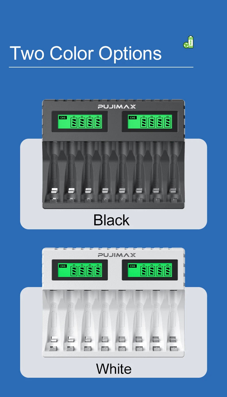 PUJIMAX 8-slot Battery Charger Suitable AAA/AA Rechargeable Battery Short Circuit Protection LED Display Ni-MH/Ni-Cd USB Charger