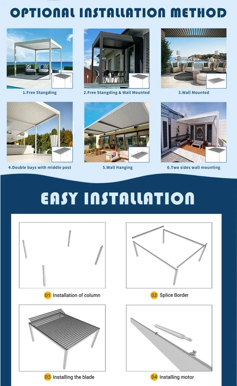 Pergola murale bioclimatique en aluminium, toit à persienne motorisée, auvent extérieur étanche pour balcon ou jardin