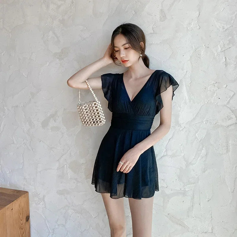 2026 New Swimsuit One-piece Swim Suit Sexy V Neck Swimwear Hot Spring Beach Bathing Skirt Dress Women