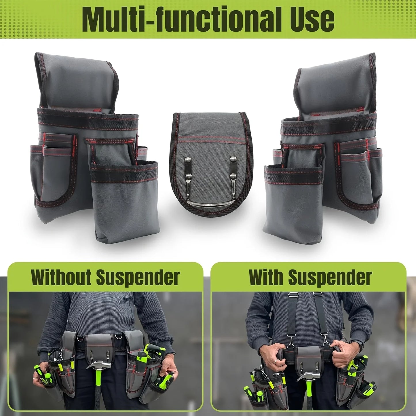 Tool Belt for Men, 32 to 66 Inches Adjustable Tool Belt with Suspenders for Electricians, Carpenters, Construction Workers