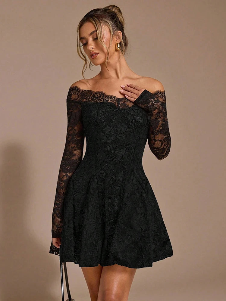 Summer Women Dress French Style One Shoulder Lace Dress Sexy Short Black Date Night Gown High Waist Long Sleeve Dresses Clothing