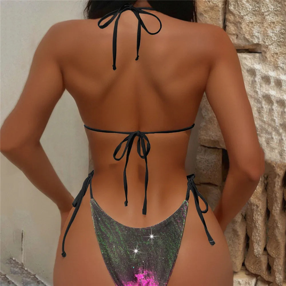 Shiny Purple String Halter Swimwear Triangle Bikinis Sets Swimsuit 2026 Women Micro Thong Lace-up Bathing Suit Sexy Bikini Mujer