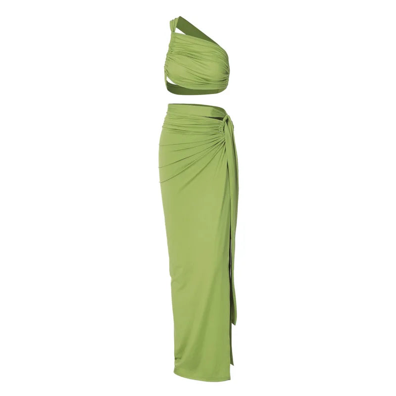Ladies Summer 2 Pieces Set Women Sleeveless Backless Strap Spit Crop Top Side Slit Slim Long Skirt Evening Party Club Streetwear