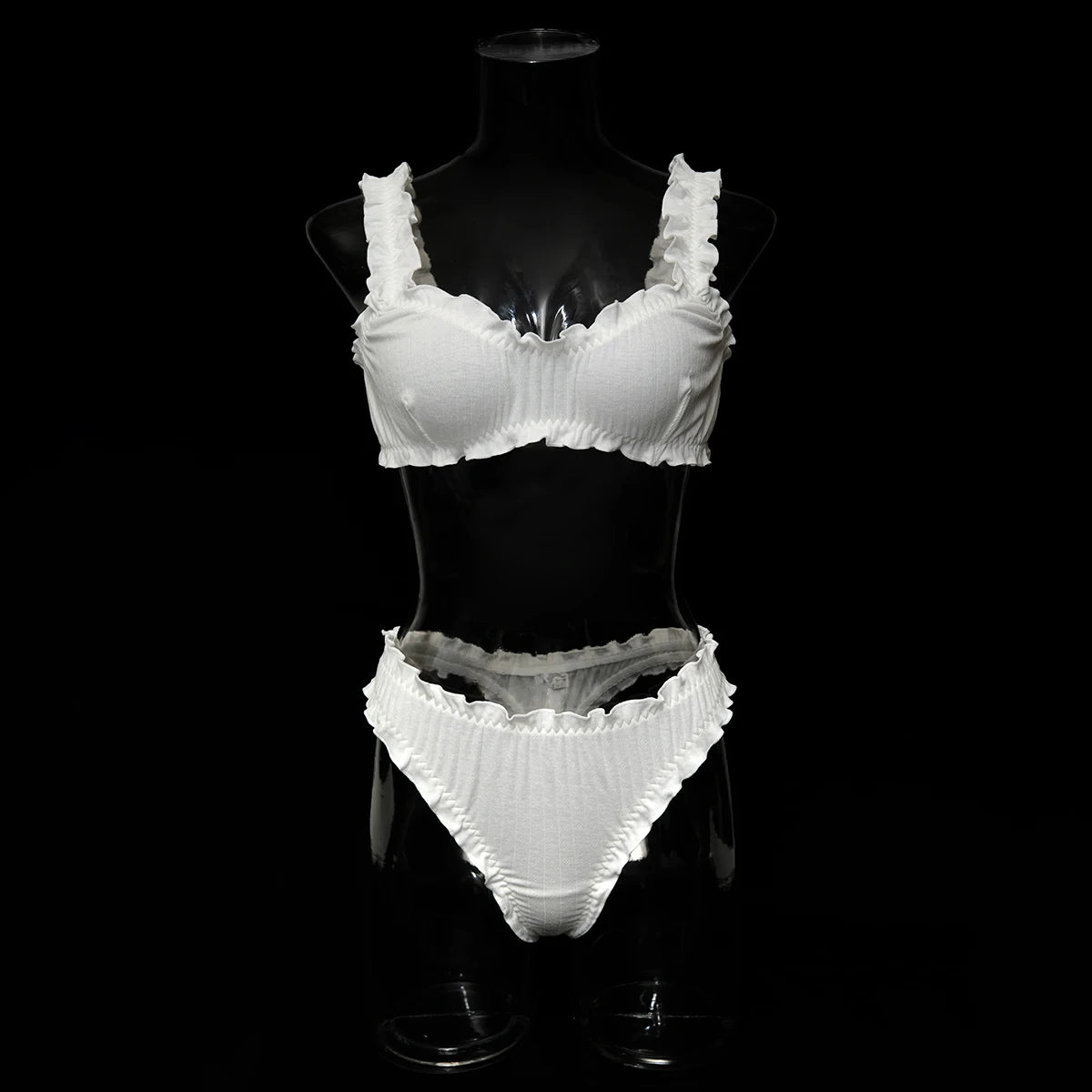 Sexy Women  Ruffle Edge Lingerie Set Breathable Hollow Eyelet Texture Bralette & High‑Cut Thong Soft Cotton Daily Intimate Wear
