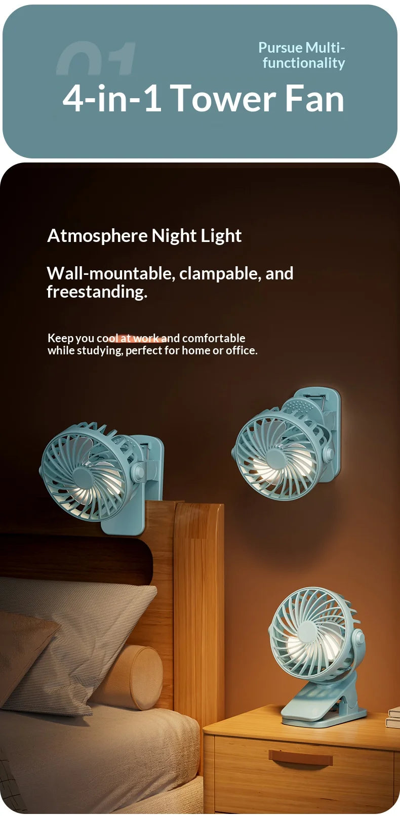 Portable Rechargeable Clip Fan 720° Rotatable Hanging Fan with Night Light Air Cooler for Outdoor Camping Ventilador