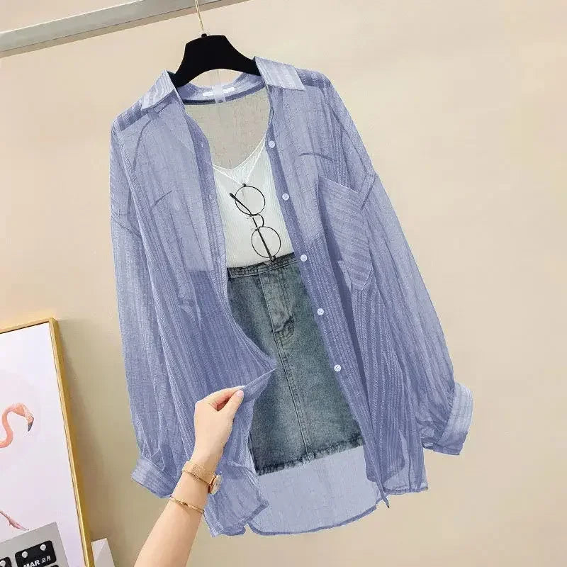 Summer Women's Elegant Chiffon Sunscreen Shirt Korean Harajuku Style See-Through Loose Blouse Thin Perspective Cardigan Yk2 Tops
