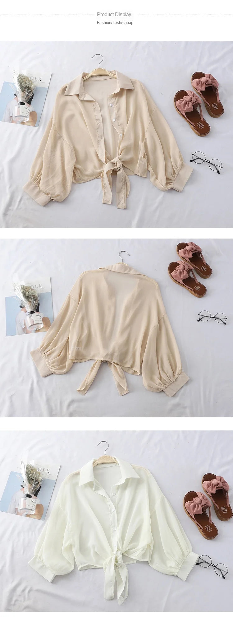 Summer Sun-protective clothing Casual Loose Clothes Elegant Solid Color Tied Waist Blouse Bat Half Sleeve Button Chiffon Shirt