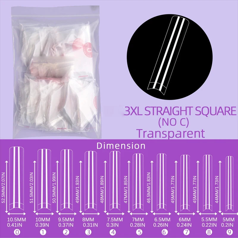 500Pcs XXL No C Curve Nail Tips for Acrylic Nails, Professional Set, Straight Tapered Square Clear Nail Tips Half Cover Long Fak