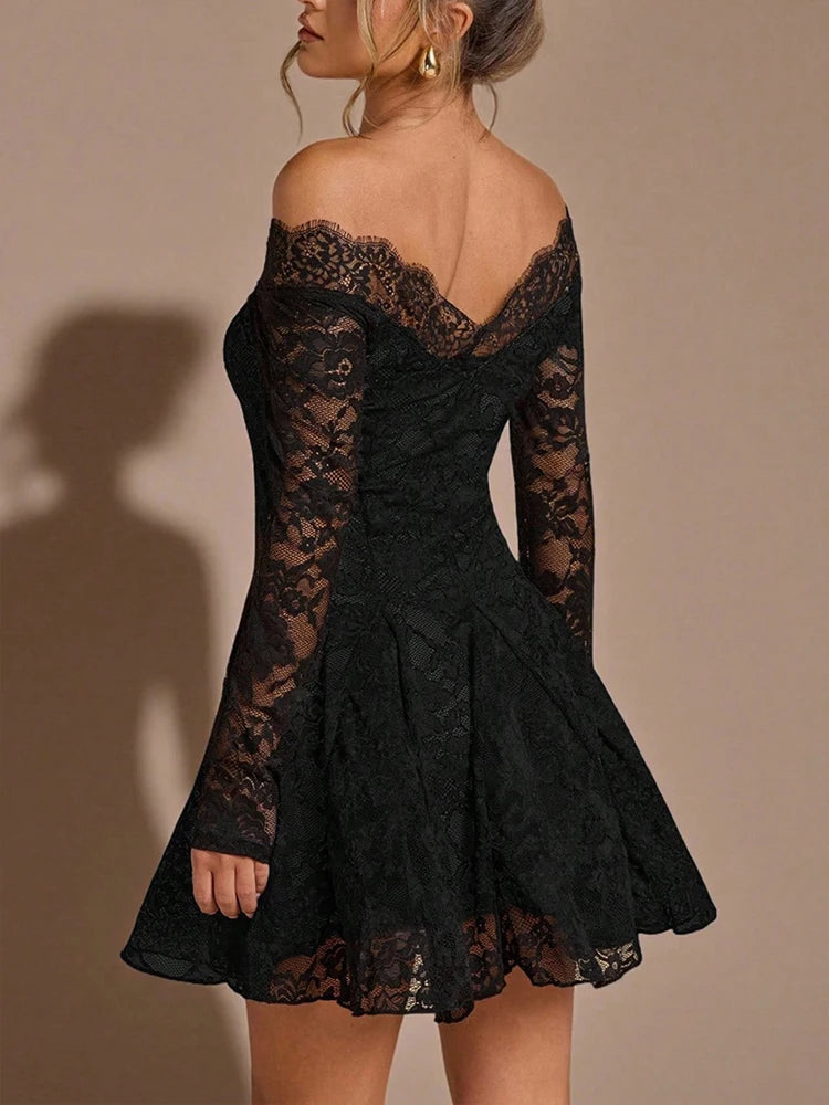 Summer Women Dress French Style One Shoulder Lace Dress Sexy Short Black Date Night Gown High Waist Long Sleeve Dresses Clothing