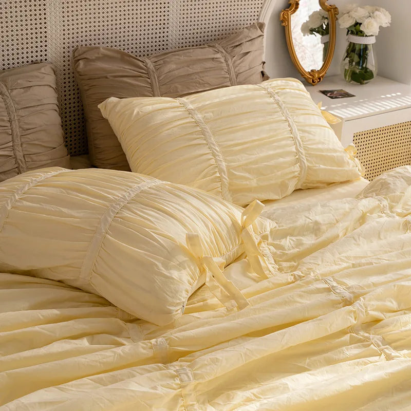 100% Cotton Washed Ruffle Bedding Set White Duvet Cover Set Queen King Size With Bow Ties Ultra Soft Breathable 4Pcs Bedclothes