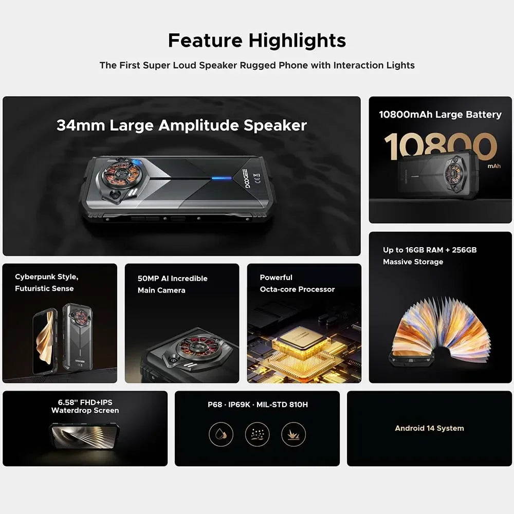 Global version DOOGEE S Punk Rugged Smartphone Android 14 6.58" FHD+90Hz IPS Screen 16GB(6+10)+ 256GB 10800mAh 50MP Mobile Phone