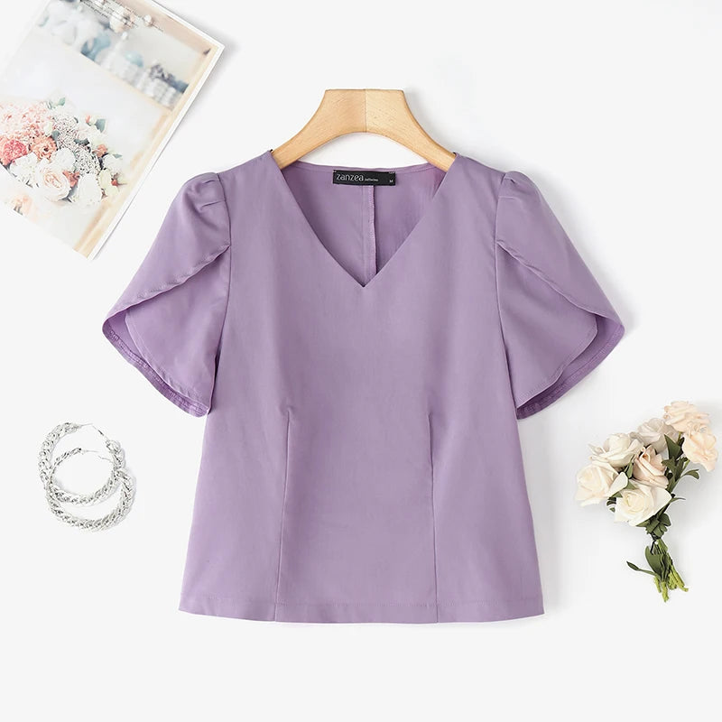 Summer Short Puff Sleeve Blouse ZANZEA Women Tunic Tops 2025 Fashion Solid Color Shirts Sexy V-Neck Casual Blusas Streetwear