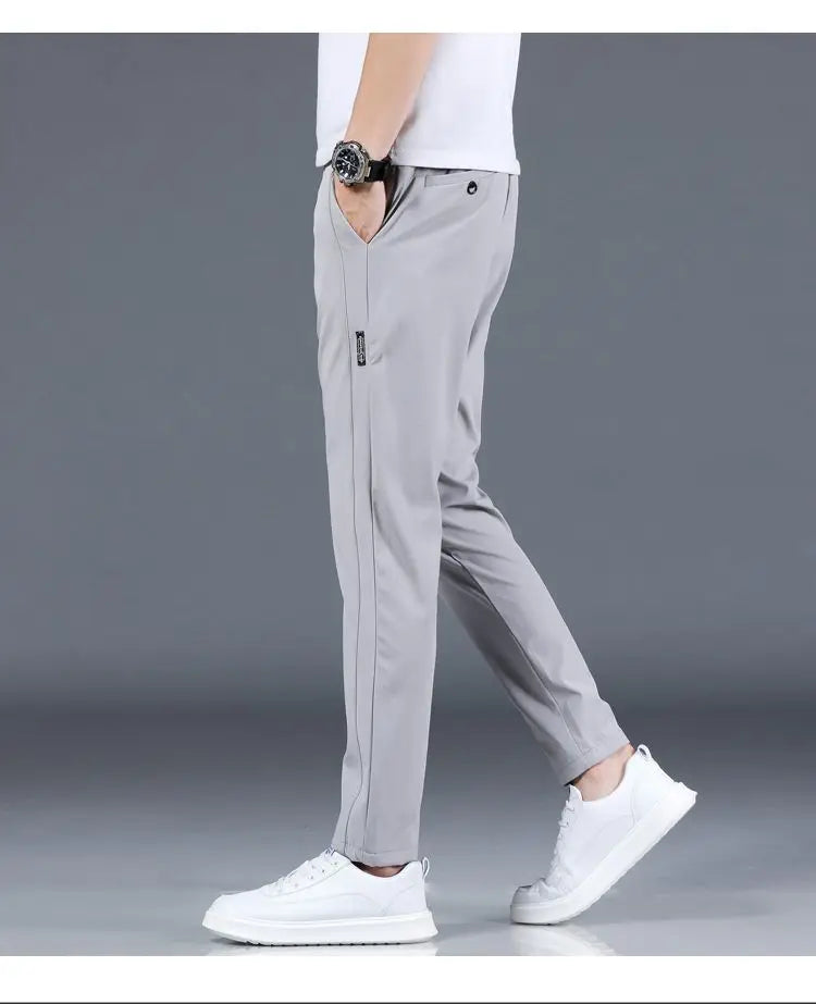 Ice silk men's pants 2025 summer new black gray thin business casual pants outdoor elastic breathable straight leg sports pants