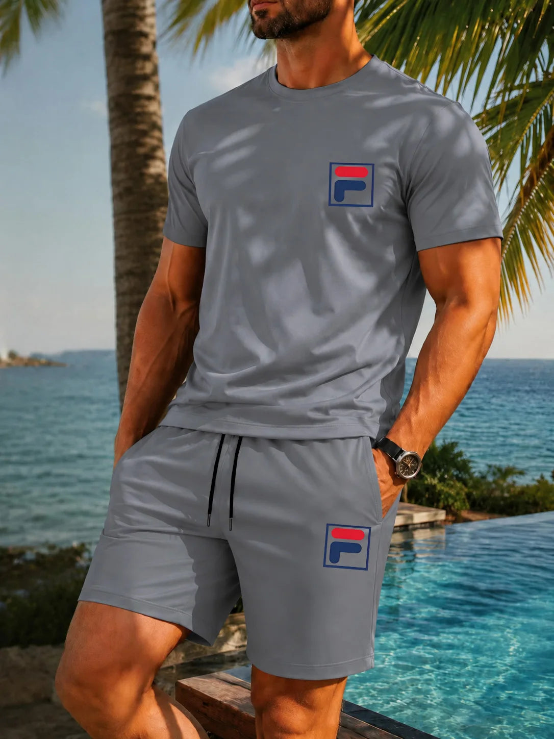 Men's Printed Two-piece Set, Casual Short Sleeved T-shirt and Drawstring Shorts Set, Men's Summer Breathable Street Sportswear