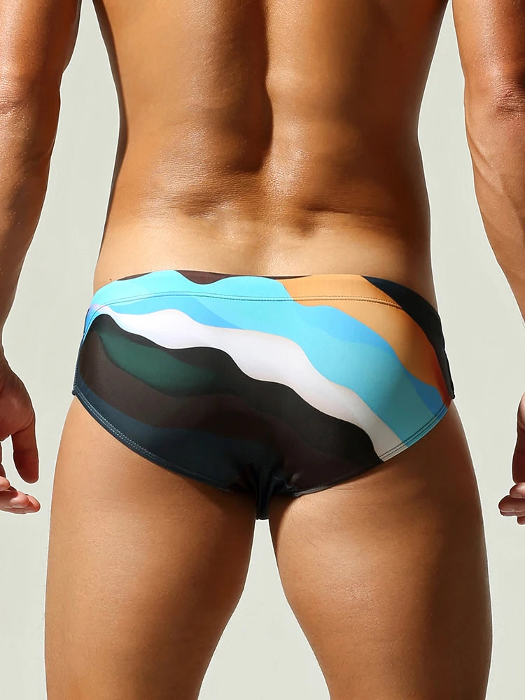 Men's Quick Dry Swim Briefs Colorful Wave Print Drawstring Bikini Trunks Low Waist Beach Swimwear Bathing Suits for Men swimsuit