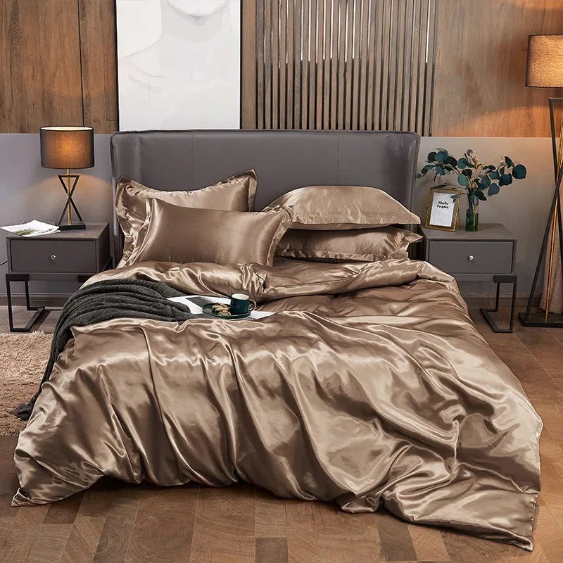 Solid Color Silk-like Bedding European and American Bed Sheet Quilt Cover Pillowcase