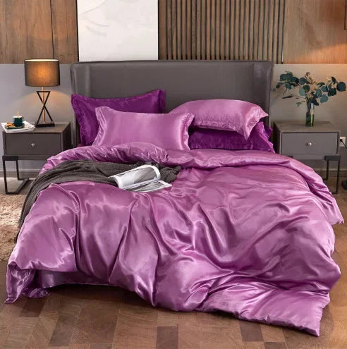 Solid Color Silk-like Bedding European and American Bed Sheet Quilt Cover Pillowcase