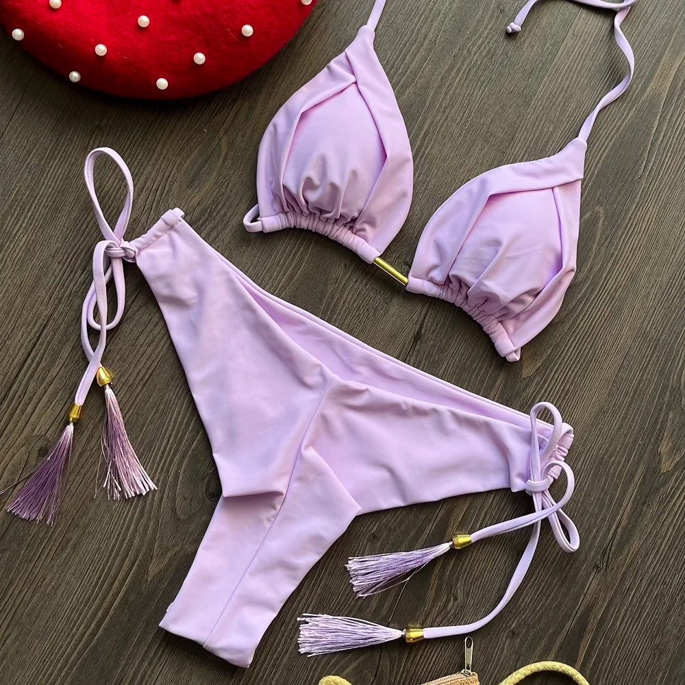 Solid color bikini set 2026 women's new swimsuit 2-piece set bead neck hanging bikinis summer beach Swimwear