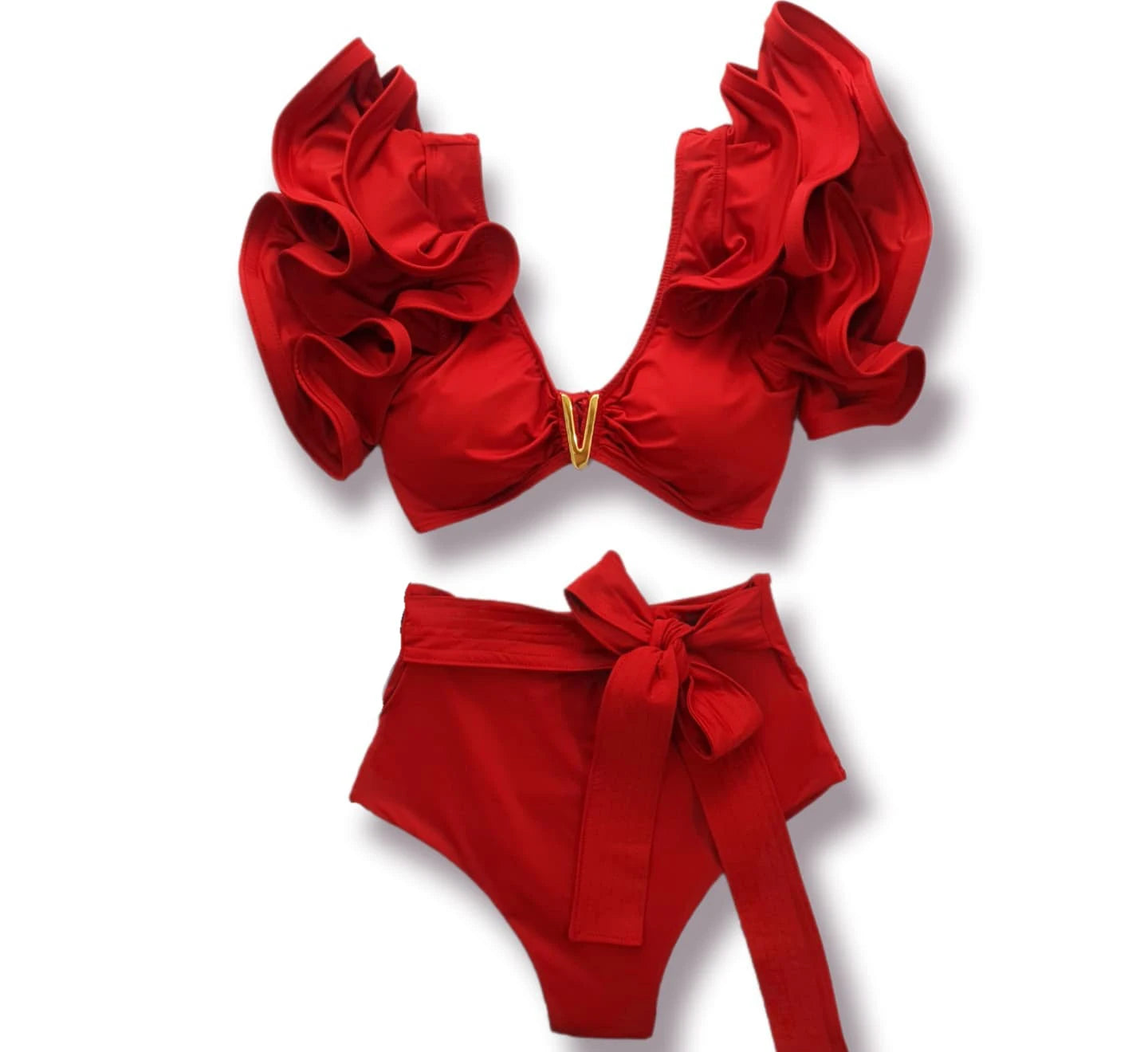 2026 Sexy Bikini Set Women High Waist Classic Off Solid Ruffle Sleeves Swimwear Red Separate Deep V Swimsuit Vintage Beach Set