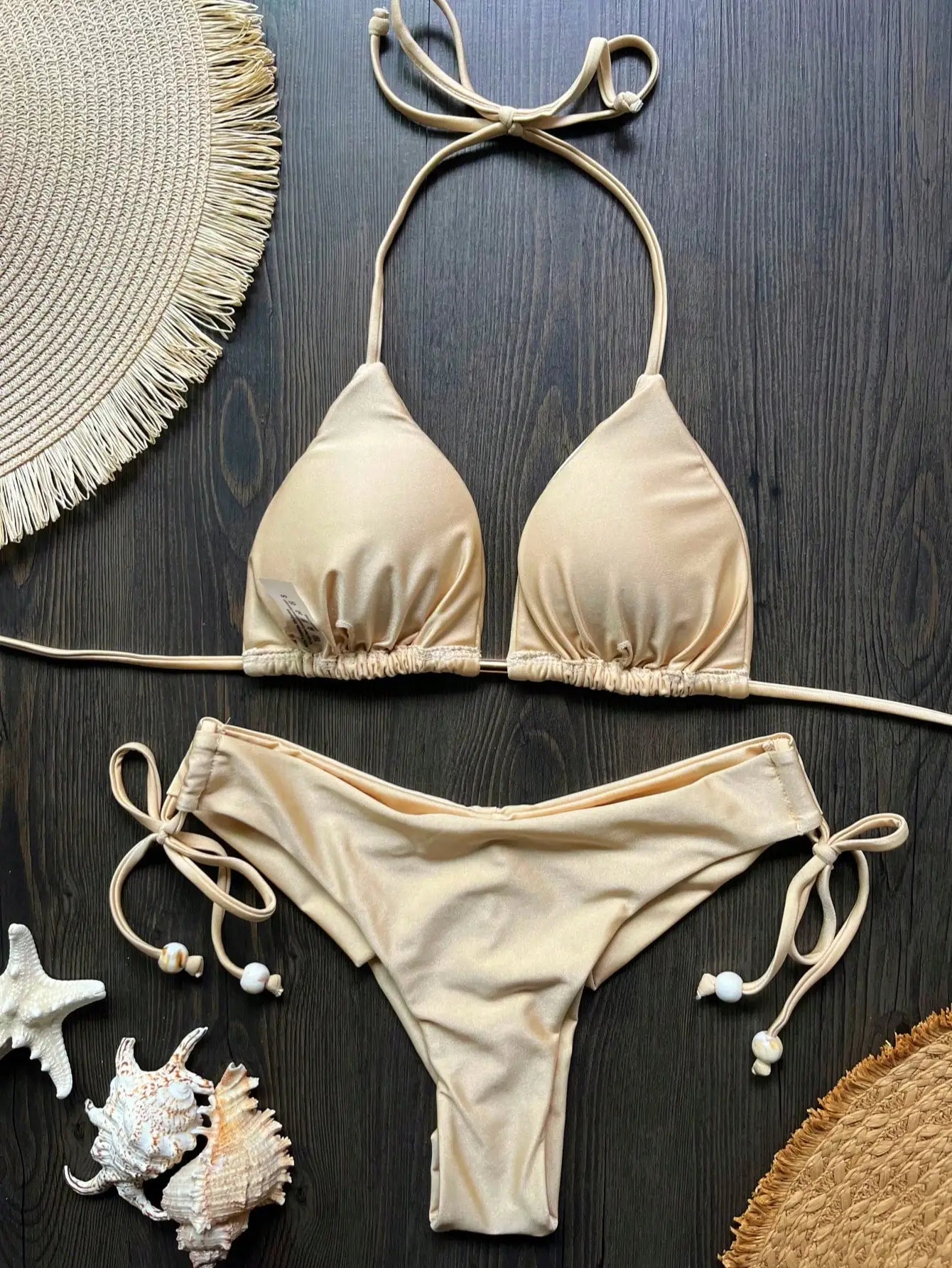 Solid color bikini set 2026 women's new swimsuit 2-piece set bead neck hanging bikinis summer beach Swimwear