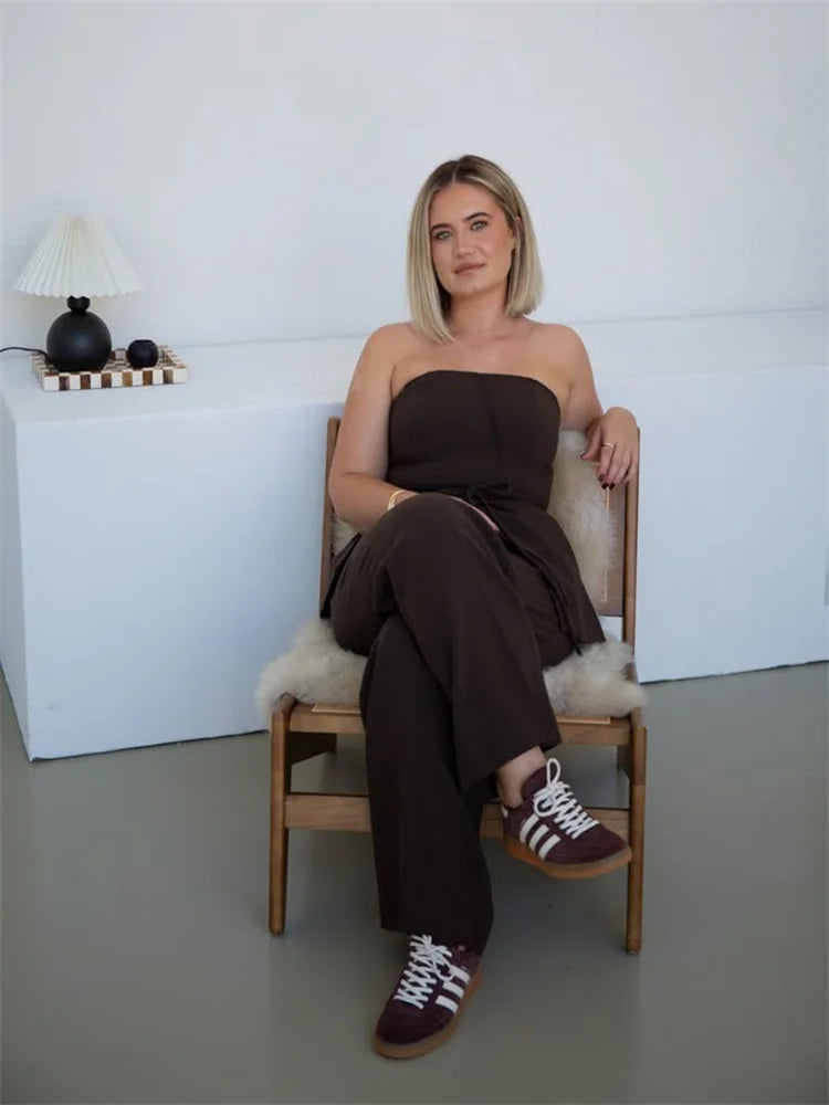 Women Pant Sets Sexy Backless Straps Sleeveless Lace Up Vest Loose Wide Leg Pants Suit Female Summer Fashion Lady Outfits