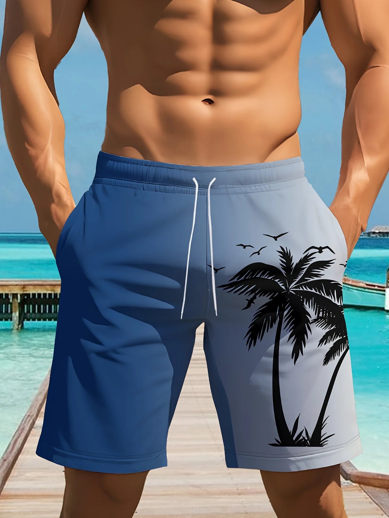 Men's Ocean Coconut Tree Print Beach Shorts Summer New Vacation Surfboard Shorts Casual Classic Men's Quick-Dry Shorts