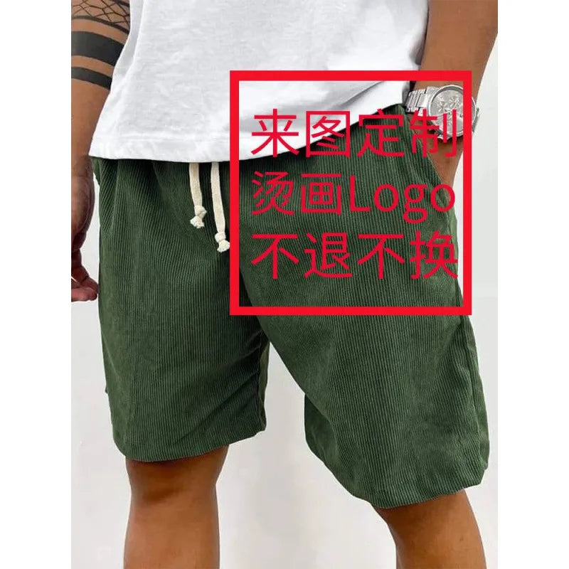 New 2025 Men's Summer Casual Drawstring Corduroy Retro Shorts Comfortable Loose Fit Plain Patterned Versatile for Daily Wear