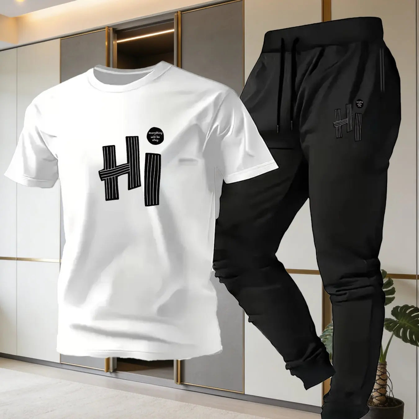 Men's HI Letter Striped Print T-Shirt & Thin Pants Set, Simple Casual Breathable Sports 2-Piece Set for Summer