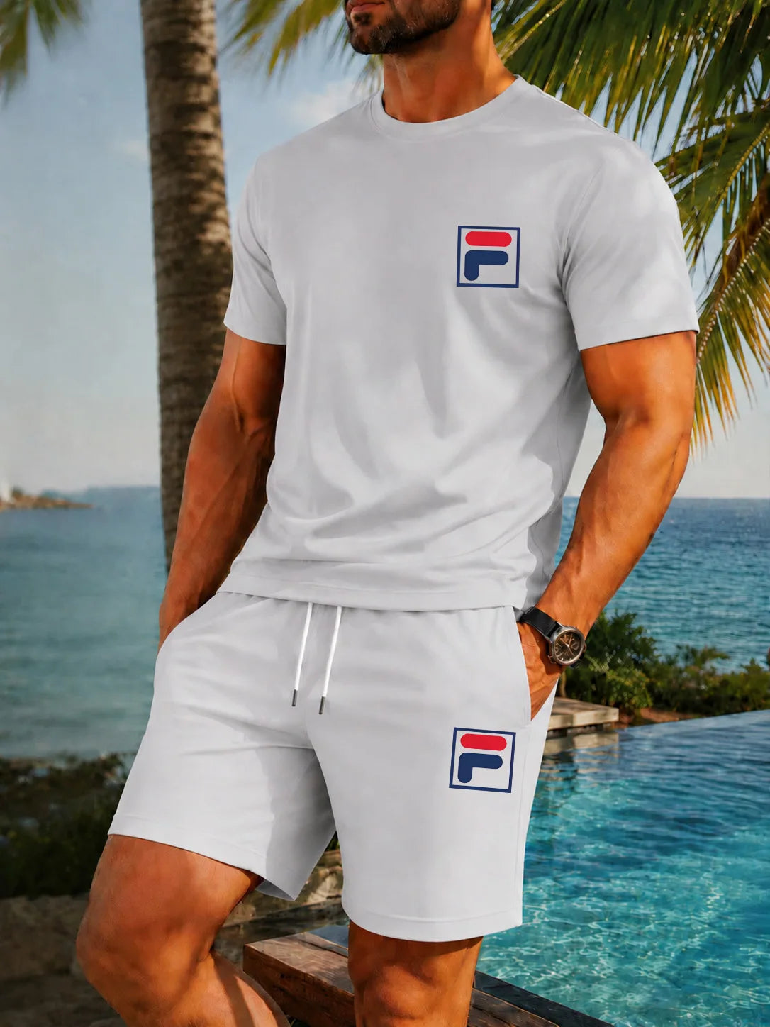 Men's Printed Two-piece Set, Casual Short Sleeved T-shirt and Drawstring Shorts Set, Men's Summer Breathable Street Sportswear