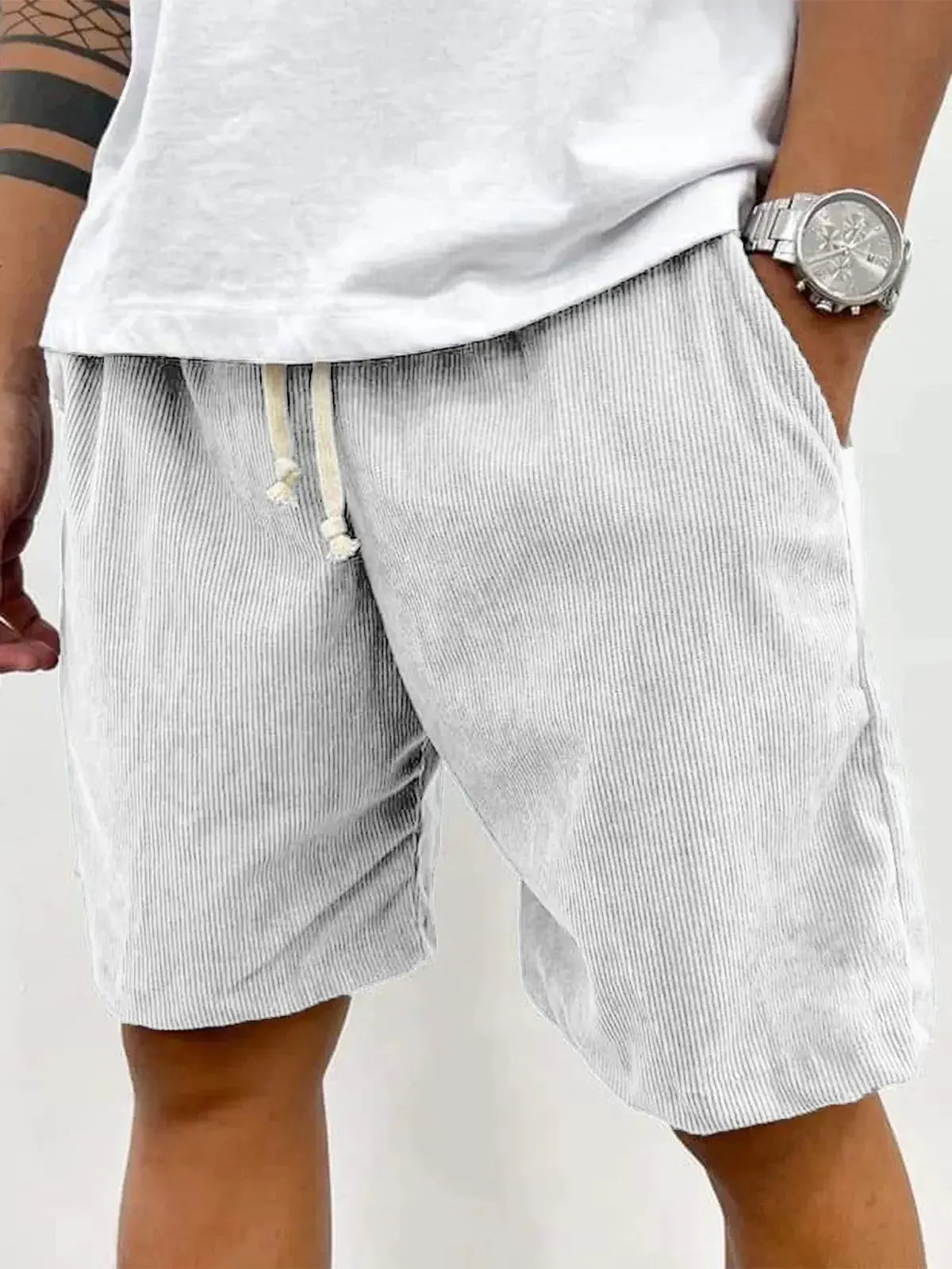 New 2025 Men's Summer Casual Drawstring Corduroy Retro Shorts Comfortable Loose Fit Plain Patterned Versatile for Daily Wear