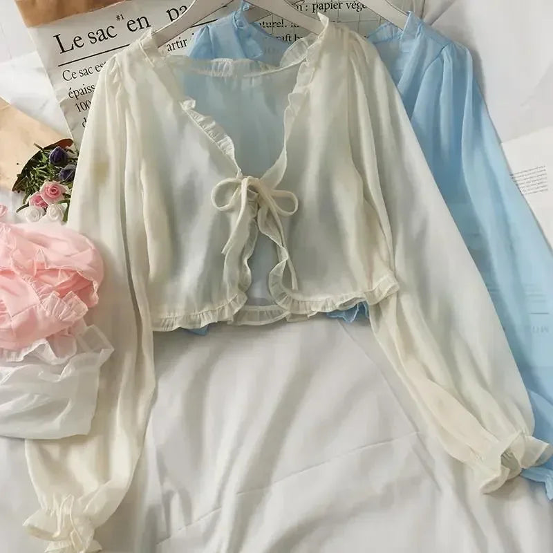Summer Ruffled Shawl Solid Color Chiffon Women's Long Sleeve Thin Y2K Coat Cape Bolero Summer Wear Cloak Shrug  For Vacation