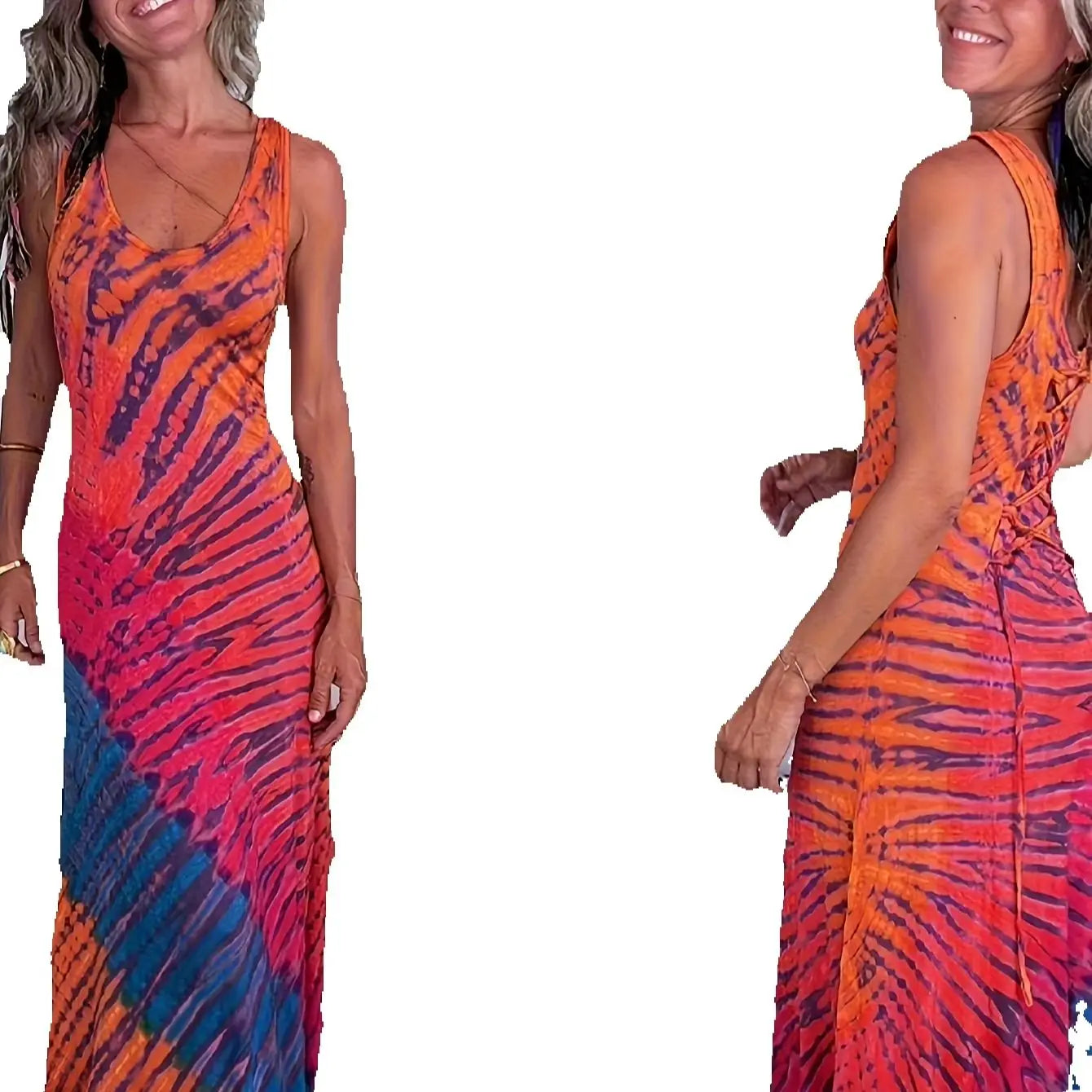 Summer ladies suitable for vacation bright and bright printed wide shoulder strap round neck backless sleeveless dress