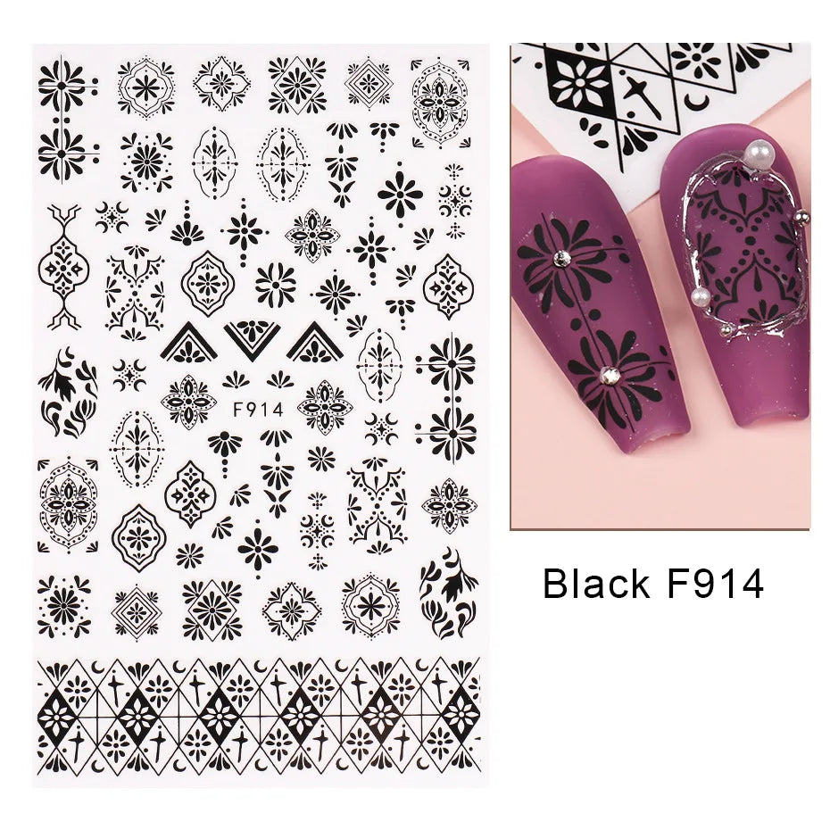 1PCS Black White Butterfly Laser Nail Stickers Y2K Nail Art Decoration Abstract Lines Bronzing Flowers Stickers For Nails